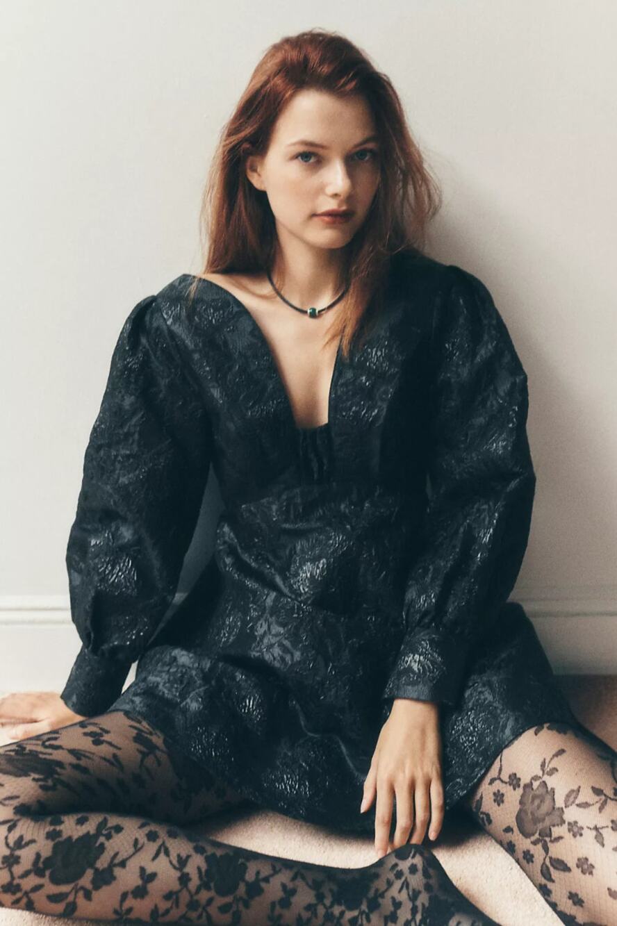 Anthropologie Maeve Long-Sleeve V-Neck Jacquard Babydoll Mini Dress 4 NWT $178